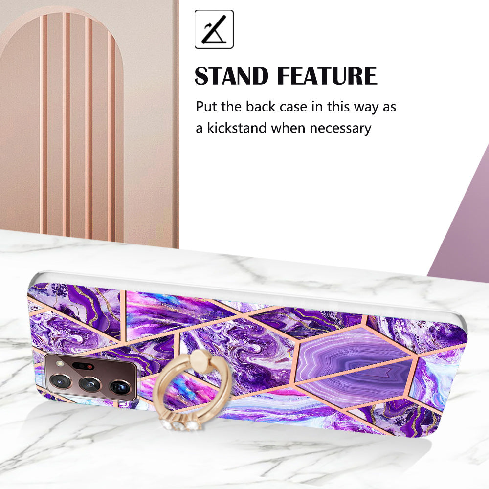 YB IMD Series-7 for Samsung Galaxy Note20 Ultra/Note20 Ultra 5G Ring Kickstand Case IMD Marble Pattern Electroplating TPU Phone Cover