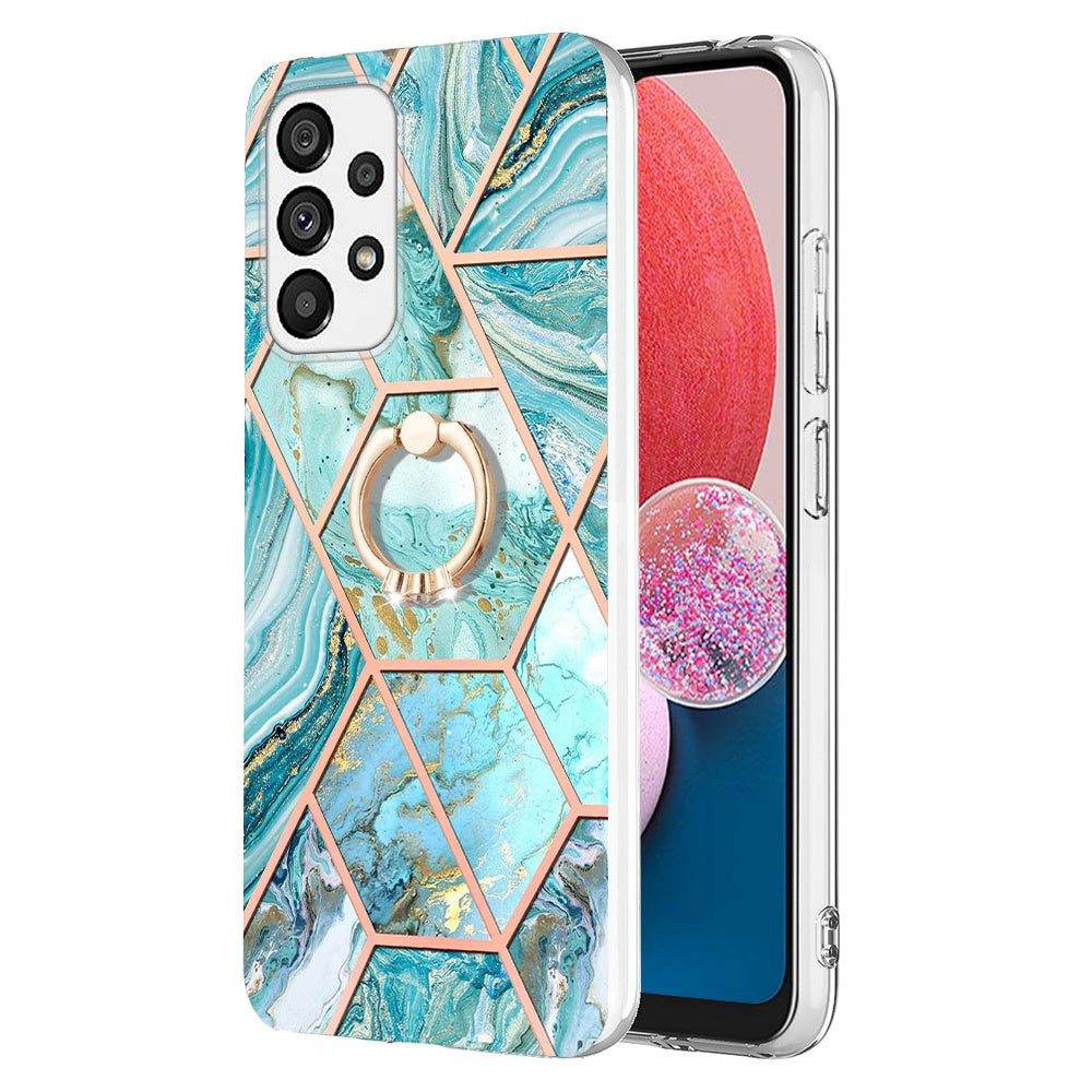 YB IMD Series-7 Marble Pattern TPU Case for Samsung Galaxy A13 4G, Anti-collision Ring Kickstand Phone Cover Electroplating IMD Protective Shell