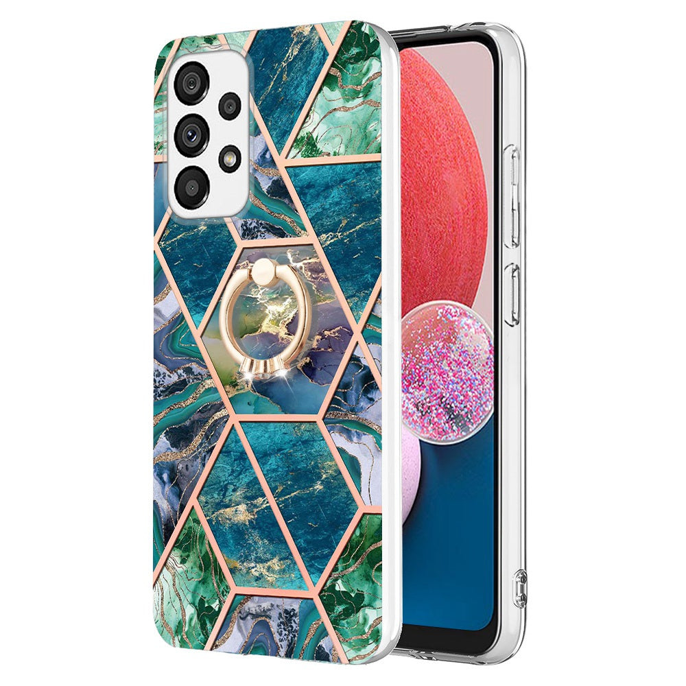 YB IMD Series-7 Marble Pattern TPU Case for Samsung Galaxy A13 4G, Anti-collision Ring Kickstand Phone Cover Electroplating IMD Protective Shell