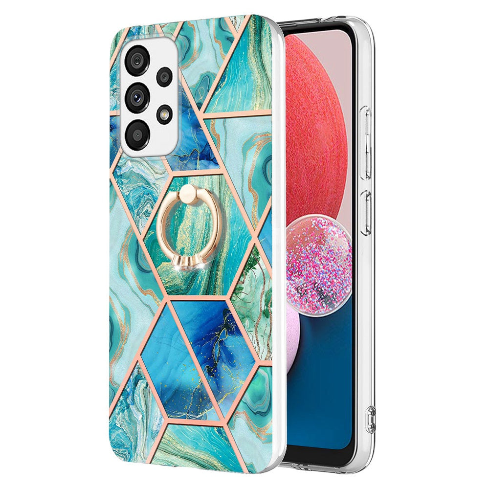 YB IMD Series-7 Marble Pattern TPU Case for Samsung Galaxy A13 4G, Anti-collision Ring Kickstand Phone Cover Electroplating IMD Protective Shell