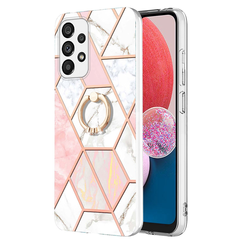 YB IMD Series-7 Marble Pattern TPU Case for Samsung Galaxy A13 4G, Anti-collision Ring Kickstand Phone Cover Electroplating IMD Protective Shell