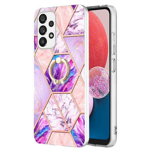 YB IMD Series-7 Marble Pattern TPU Case for Samsung Galaxy A13 4G, Anti-collision Ring Kickstand Phone Cover Electroplating IMD Protective Shell