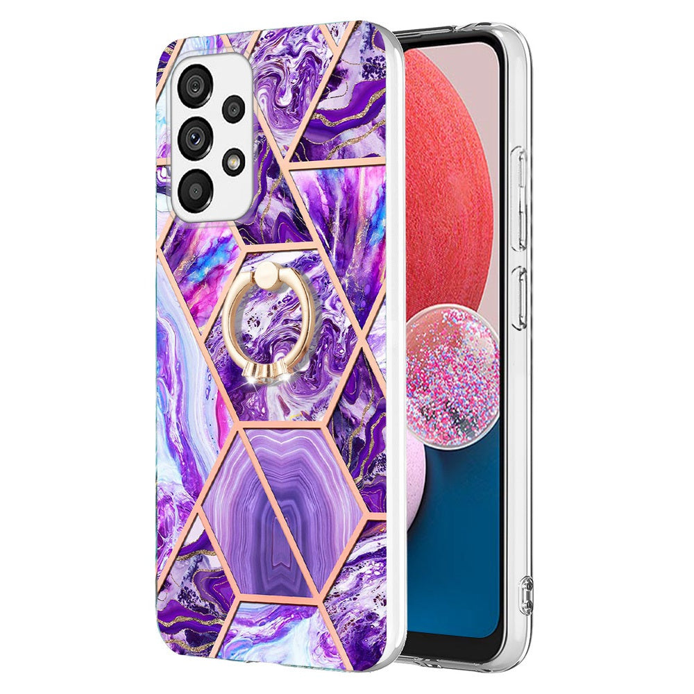 YB IMD Series-7 Marble Pattern TPU Case for Samsung Galaxy A13 4G, Anti-collision Ring Kickstand Phone Cover Electroplating IMD Protective Shell