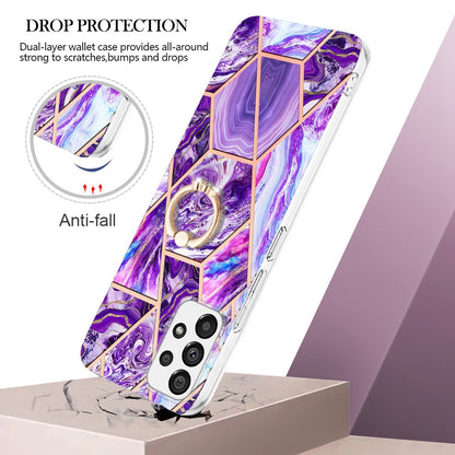 YB IMD Series-7 Marble Pattern TPU Case for Samsung Galaxy A13 4G, Anti-collision Ring Kickstand Phone Cover Electroplating IMD Protective Shell