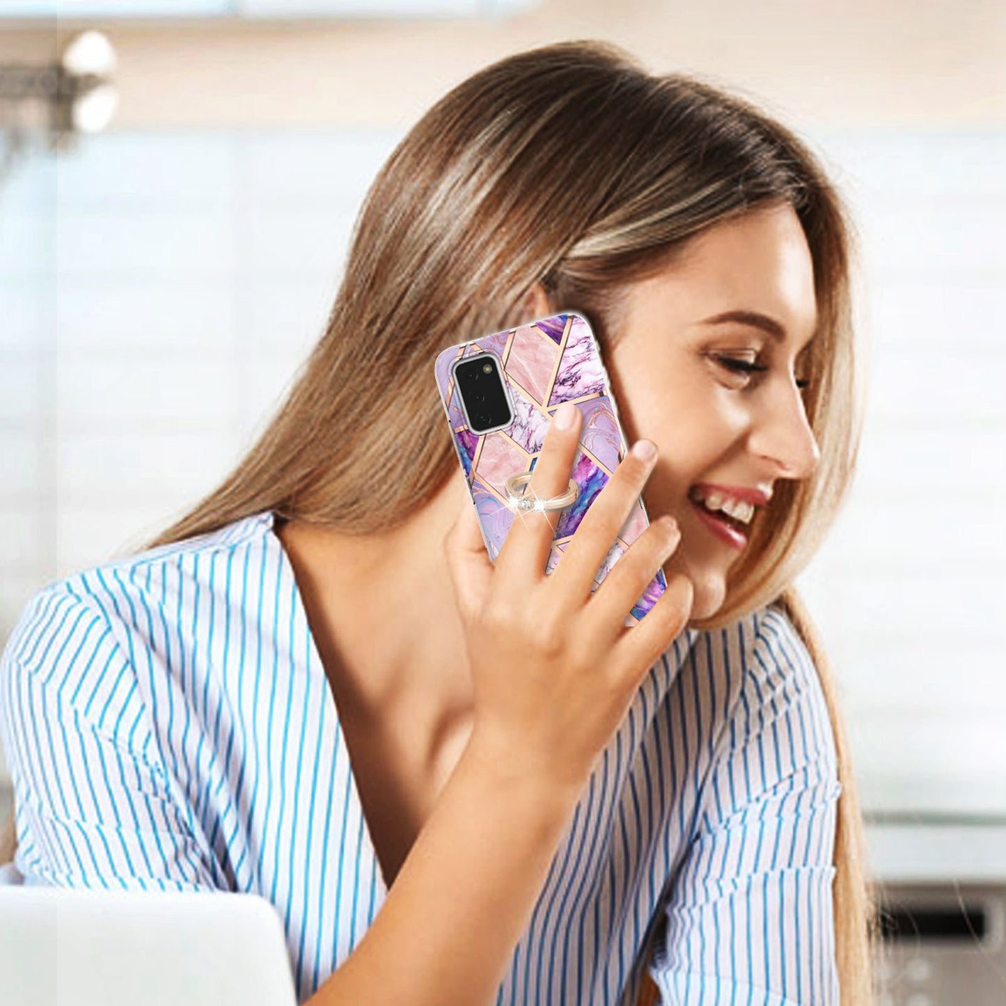 YB IMD Series-7 for Samsung Galaxy A03s (165.8 x 75.9 x 9.1mm) (US Version) Electroplating IMD Marble Pattern TPU Phone Case with Ring Kickstand