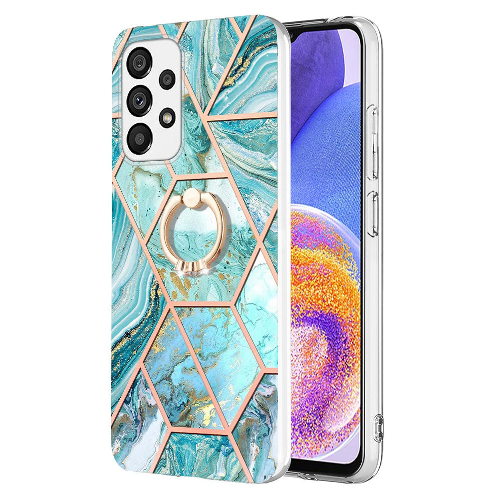 YB IMD Series-7 for Samsung Galaxy A23 4G (165.4 x 76.9 x 8.4mm) Ring Kickstand TPU Cover Electroplating Marble Pattern IMD Phone Case Protector
