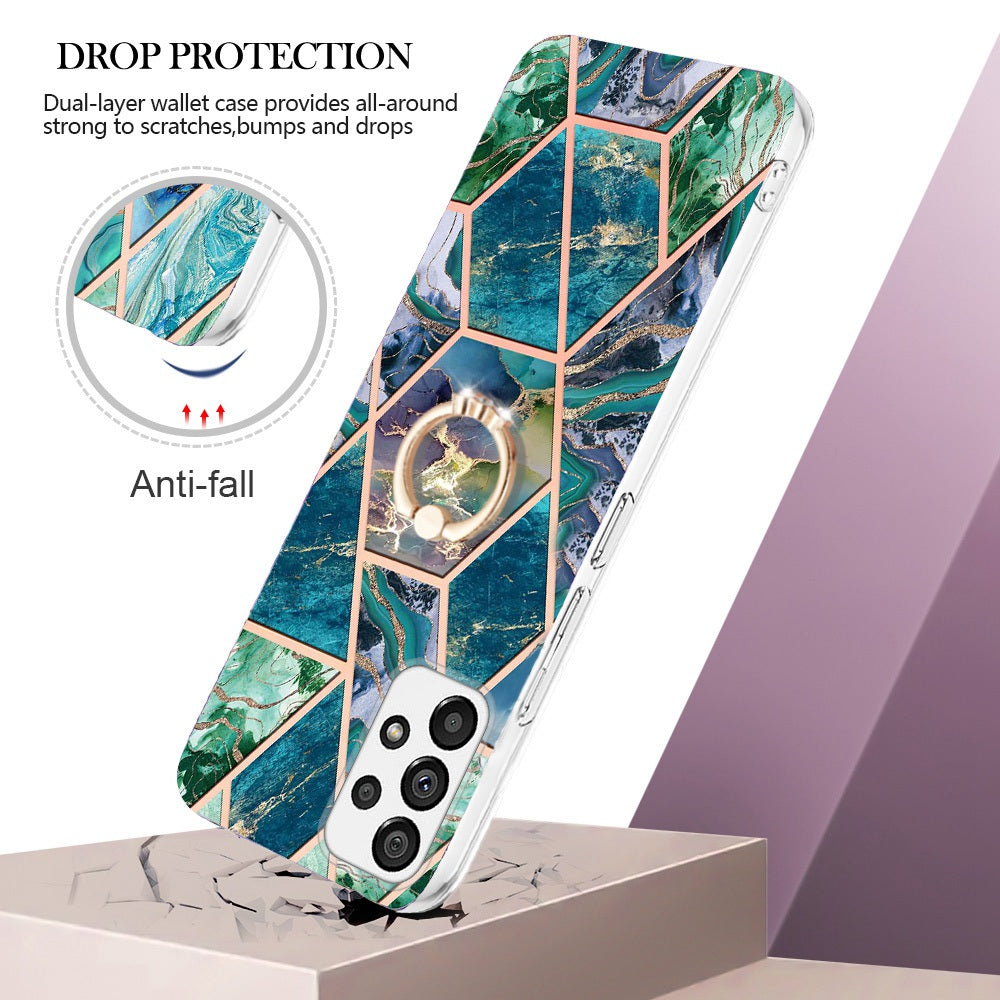 YB IMD Series-7 for Samsung Galaxy A23 4G (165.4 x 76.9 x 8.4mm) Ring Kickstand TPU Cover Electroplating Marble Pattern IMD Phone Case Protector