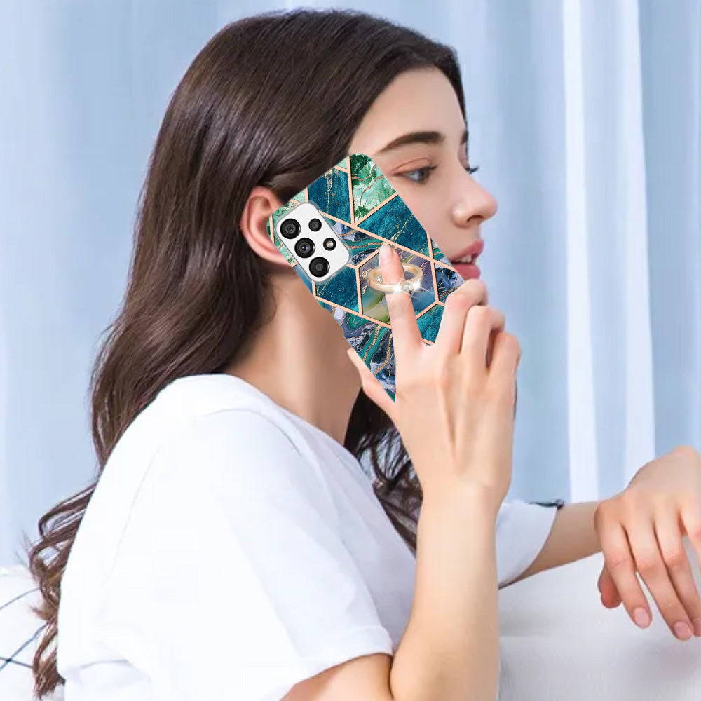 YB IMD Series-7 for Samsung Galaxy A23 4G (165.4 x 76.9 x 8.4mm) Ring Kickstand TPU Cover Electroplating Marble Pattern IMD Phone Case Protector