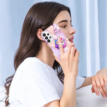 YB IMD Series-7 for Samsung Galaxy A23 4G (165.4 x 76.9 x 8.4mm) Ring Kickstand TPU Cover Electroplating Marble Pattern IMD Phone Case Protector