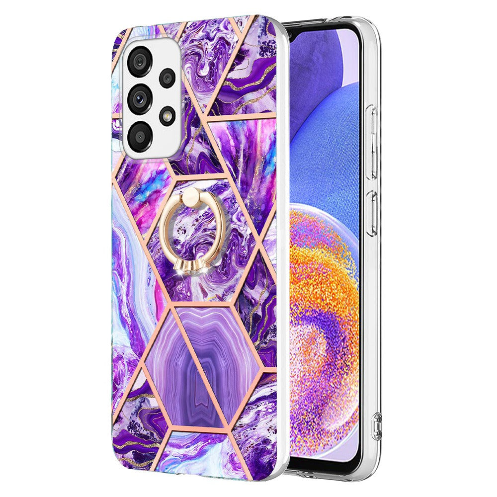 YB IMD Series-7 for Samsung Galaxy A23 4G (165.4 x 76.9 x 8.4mm) Ring Kickstand TPU Cover Electroplating Marble Pattern IMD Phone Case Protector