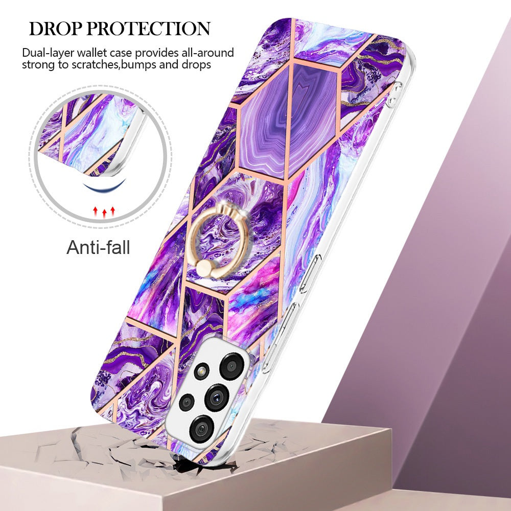 YB IMD Series-7 for Samsung Galaxy A23 4G (165.4 x 76.9 x 8.4mm) Ring Kickstand TPU Cover Electroplating Marble Pattern IMD Phone Case Protector