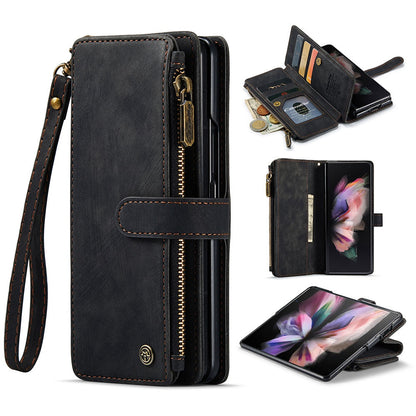 CASEME C30 Series for Samsung Galaxy Z Fold3 5G Zipper Pocket Wallet Bump Proof PU Leather Multiple Card Slots Stand Phone Cover