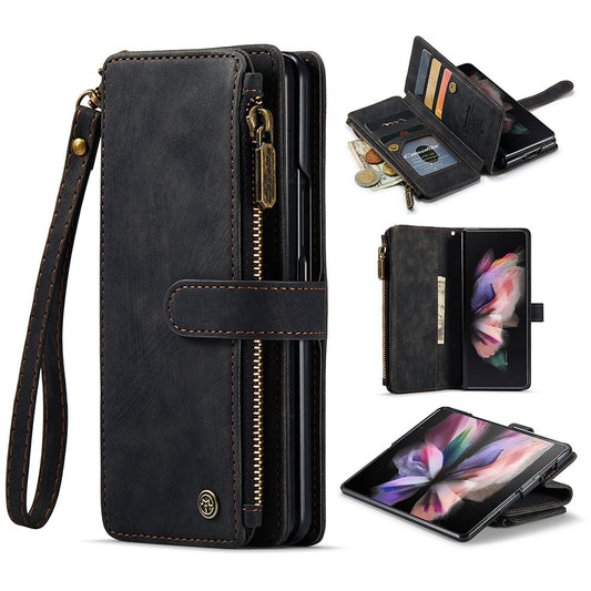 CASEME C30 Series for Samsung Galaxy Z Fold3 5G Zipper Pocket Wallet Bump Proof PU Leather Multiple Card Slots Stand Phone Cover