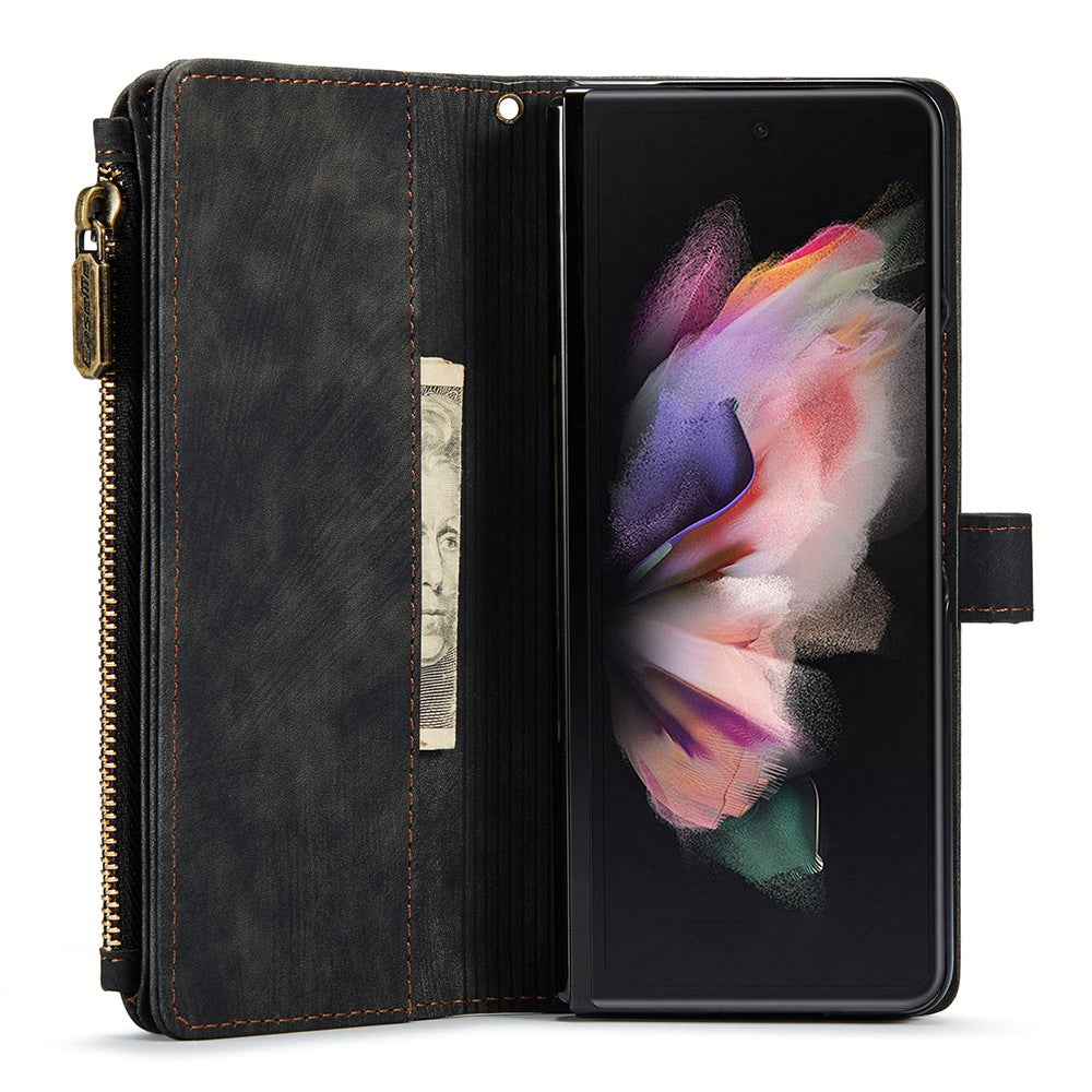 CASEME C30 Series for Samsung Galaxy Z Fold3 5G Zipper Pocket Wallet Bump Proof PU Leather Multiple Card Slots Stand Phone Cover