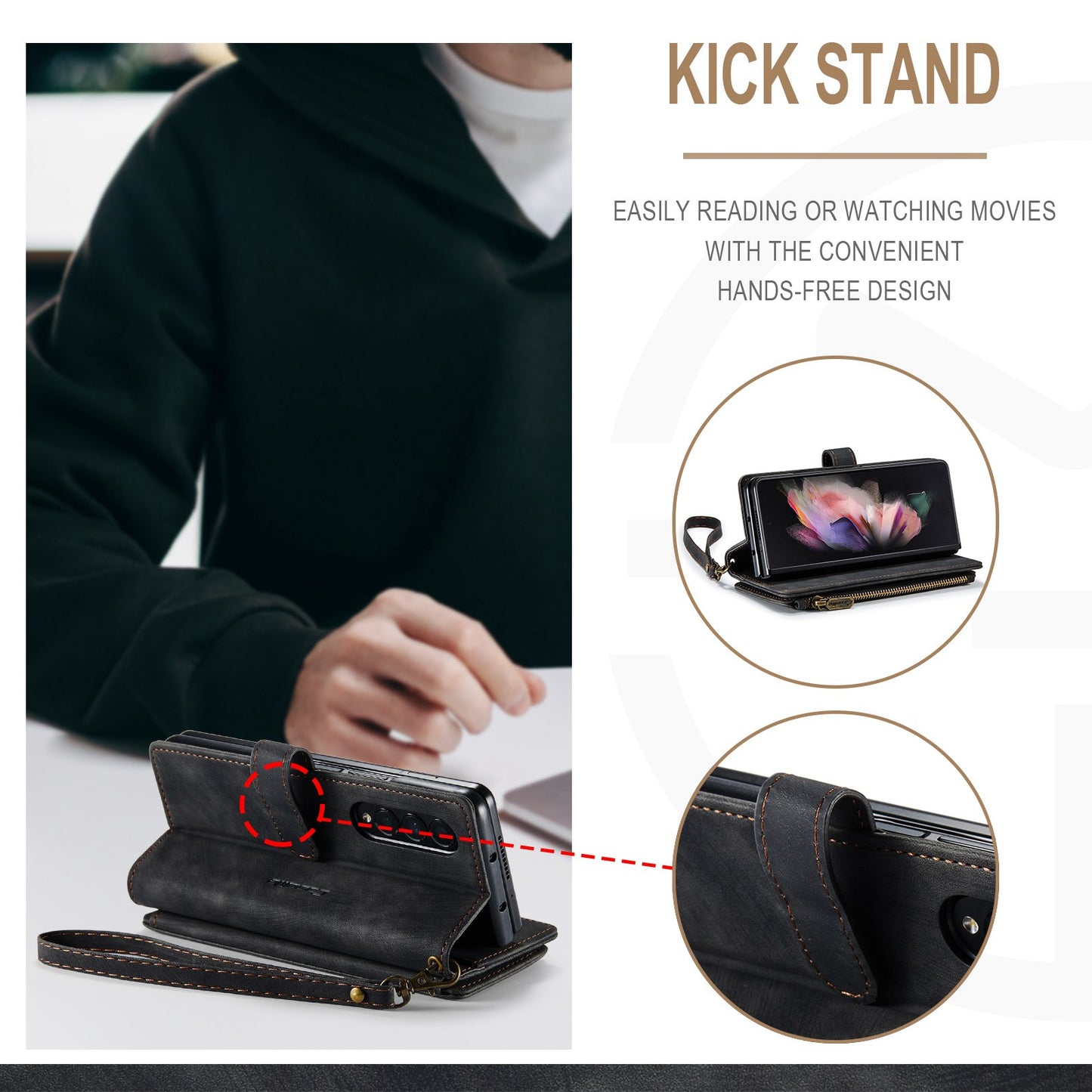 CASEME C30 Series for Samsung Galaxy Z Fold3 5G Zipper Pocket Wallet Bump Proof PU Leather Multiple Card Slots Stand Phone Cover