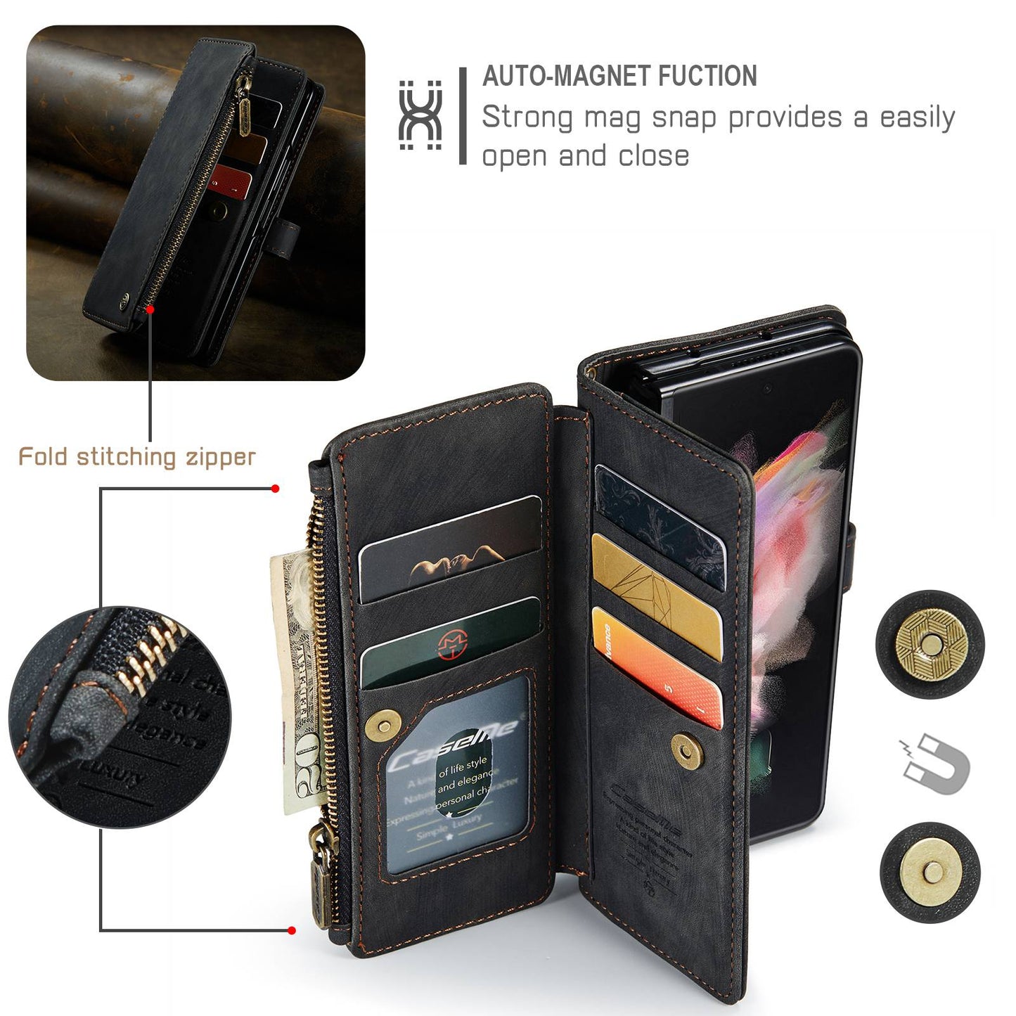 CASEME C30 Series for Samsung Galaxy Z Fold3 5G Zipper Pocket Wallet Bump Proof PU Leather Multiple Card Slots Stand Phone Cover