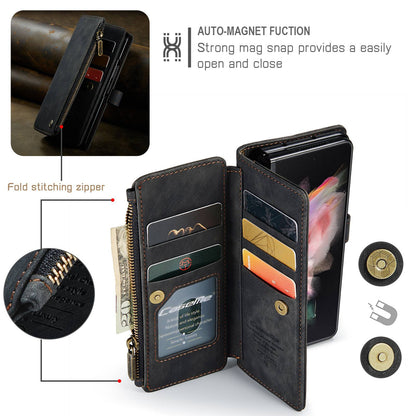 CASEME C30 Series for Samsung Galaxy Z Fold3 5G Zipper Pocket Wallet Bump Proof PU Leather Multiple Card Slots Stand Phone Cover
