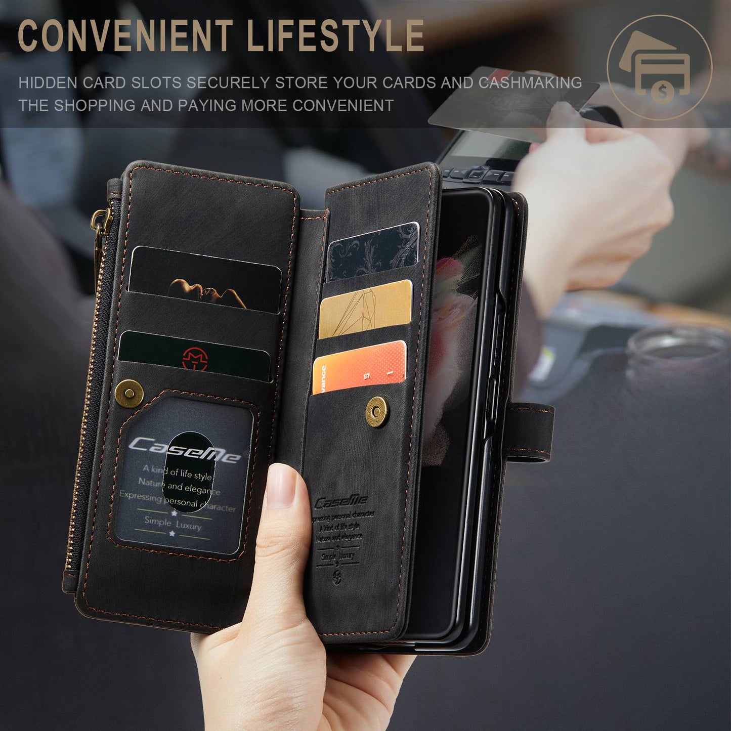 CASEME C30 Series for Samsung Galaxy Z Fold3 5G Zipper Pocket Wallet Bump Proof PU Leather Multiple Card Slots Stand Phone Cover
