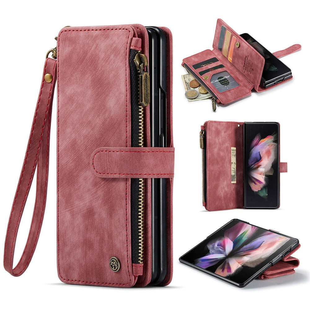 CASEME C30 Series for Samsung Galaxy Z Fold3 5G Zipper Pocket Wallet Bump Proof PU Leather Multiple Card Slots Stand Phone Cover
