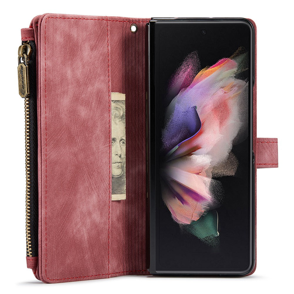 CASEME C30 Series for Samsung Galaxy Z Fold3 5G Zipper Pocket Wallet Bump Proof PU Leather Multiple Card Slots Stand Phone Cover