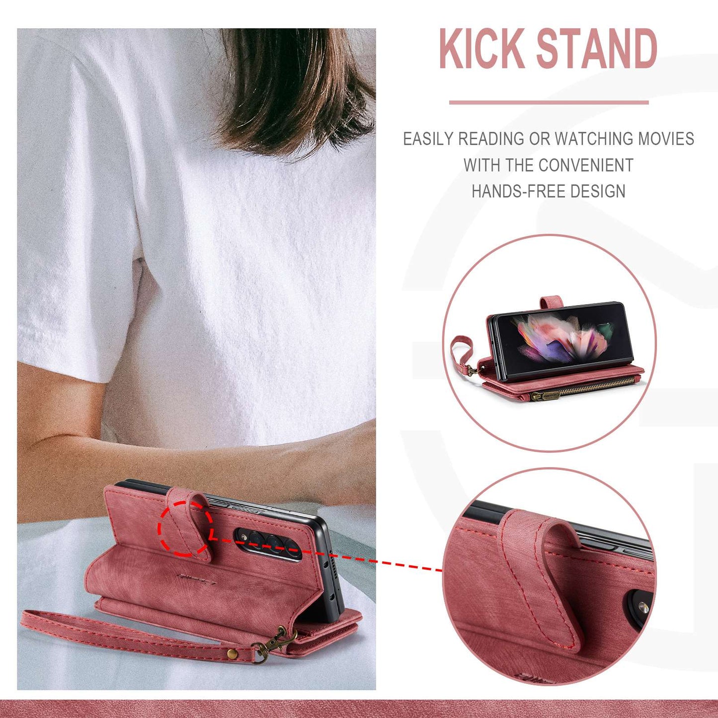 CASEME C30 Series for Samsung Galaxy Z Fold3 5G Zipper Pocket Wallet Bump Proof PU Leather Multiple Card Slots Stand Phone Cover