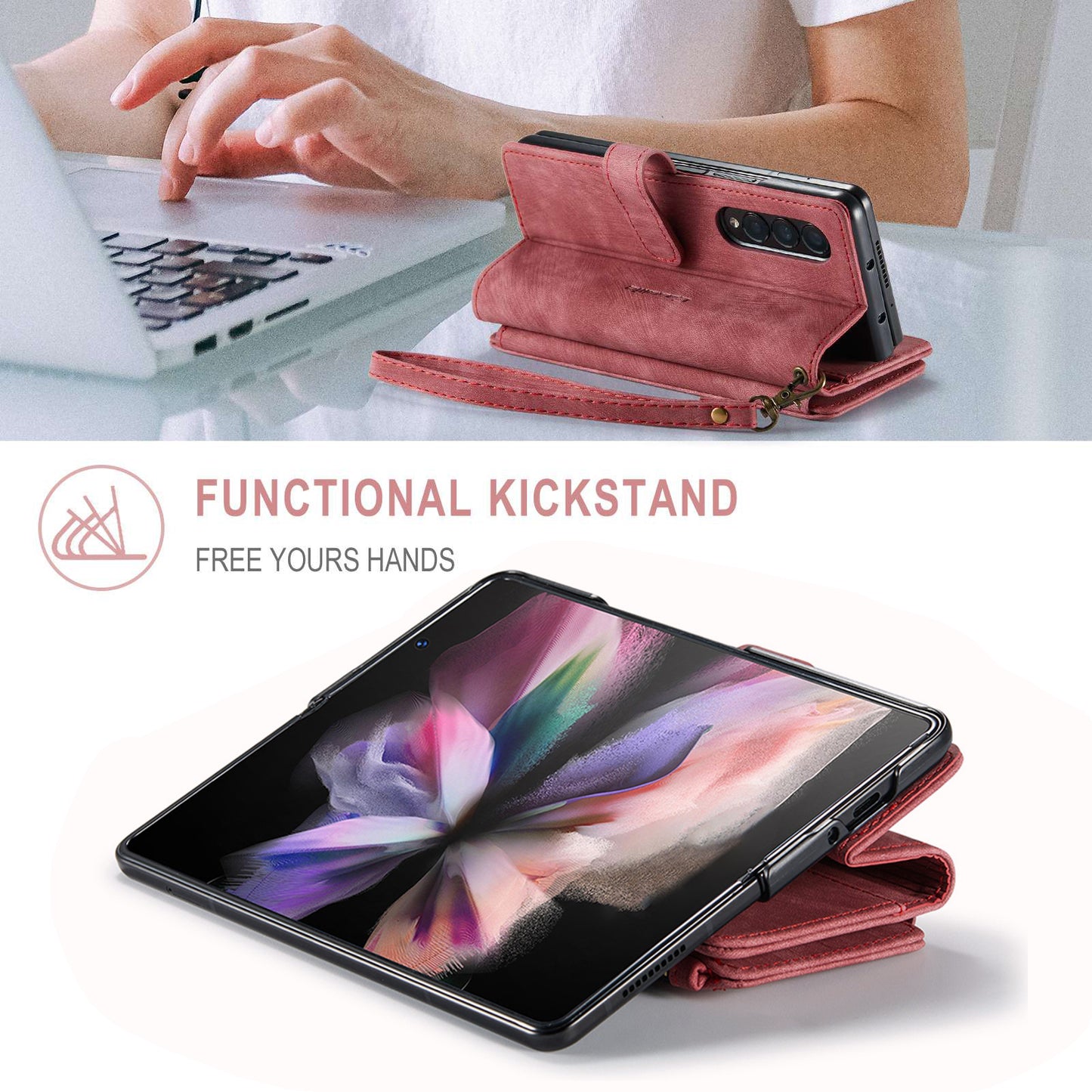 CASEME C30 Series for Samsung Galaxy Z Fold3 5G Zipper Pocket Wallet Bump Proof PU Leather Multiple Card Slots Stand Phone Cover