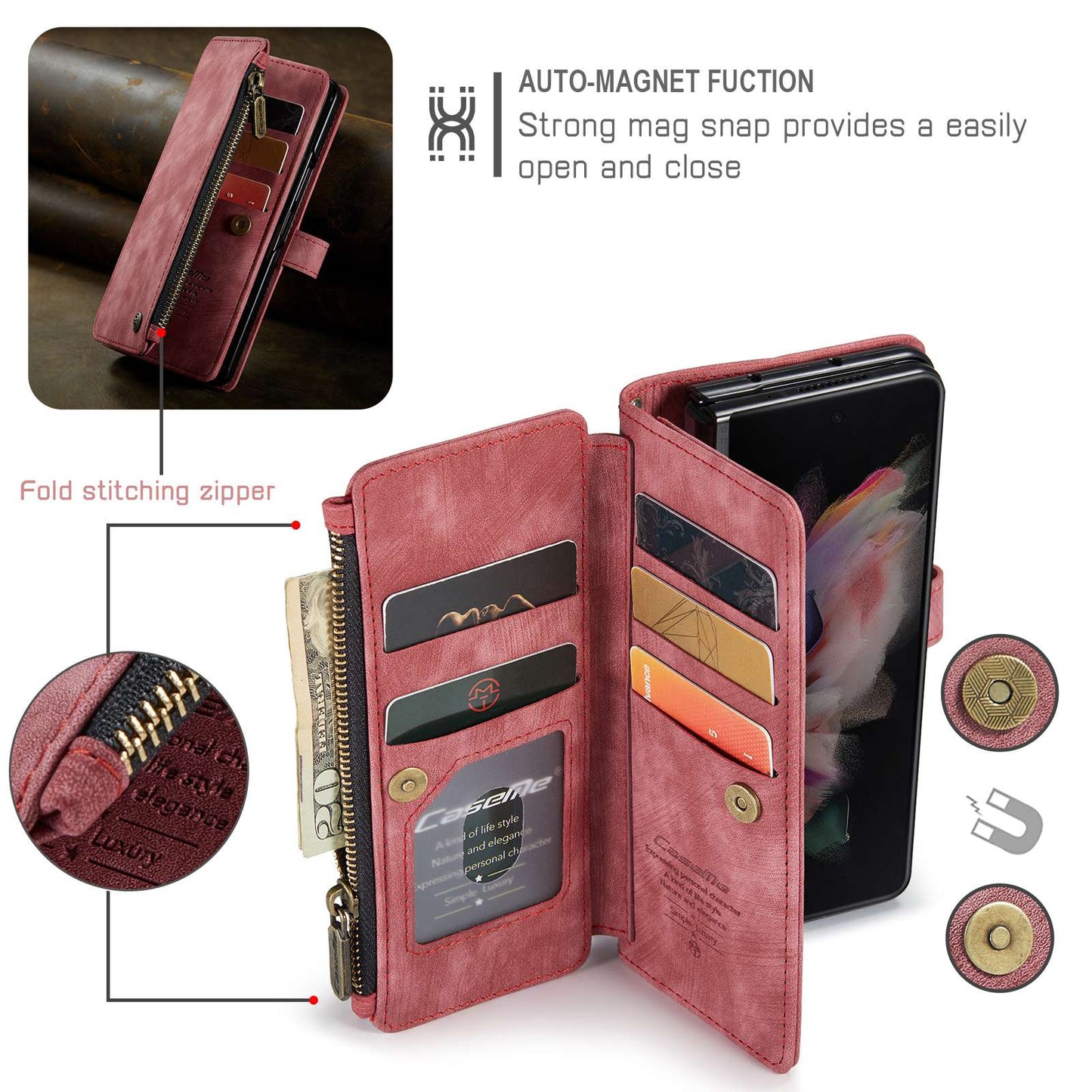CASEME C30 Series for Samsung Galaxy Z Fold3 5G Zipper Pocket Wallet Bump Proof PU Leather Multiple Card Slots Stand Phone Cover