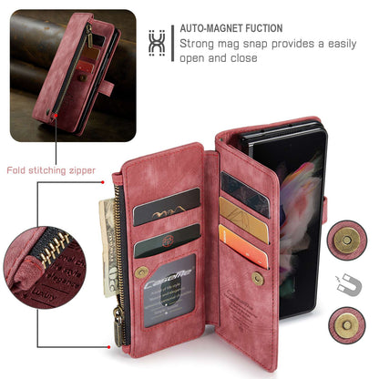 CASEME C30 Series for Samsung Galaxy Z Fold3 5G Zipper Pocket Wallet Bump Proof PU Leather Multiple Card Slots Stand Phone Cover
