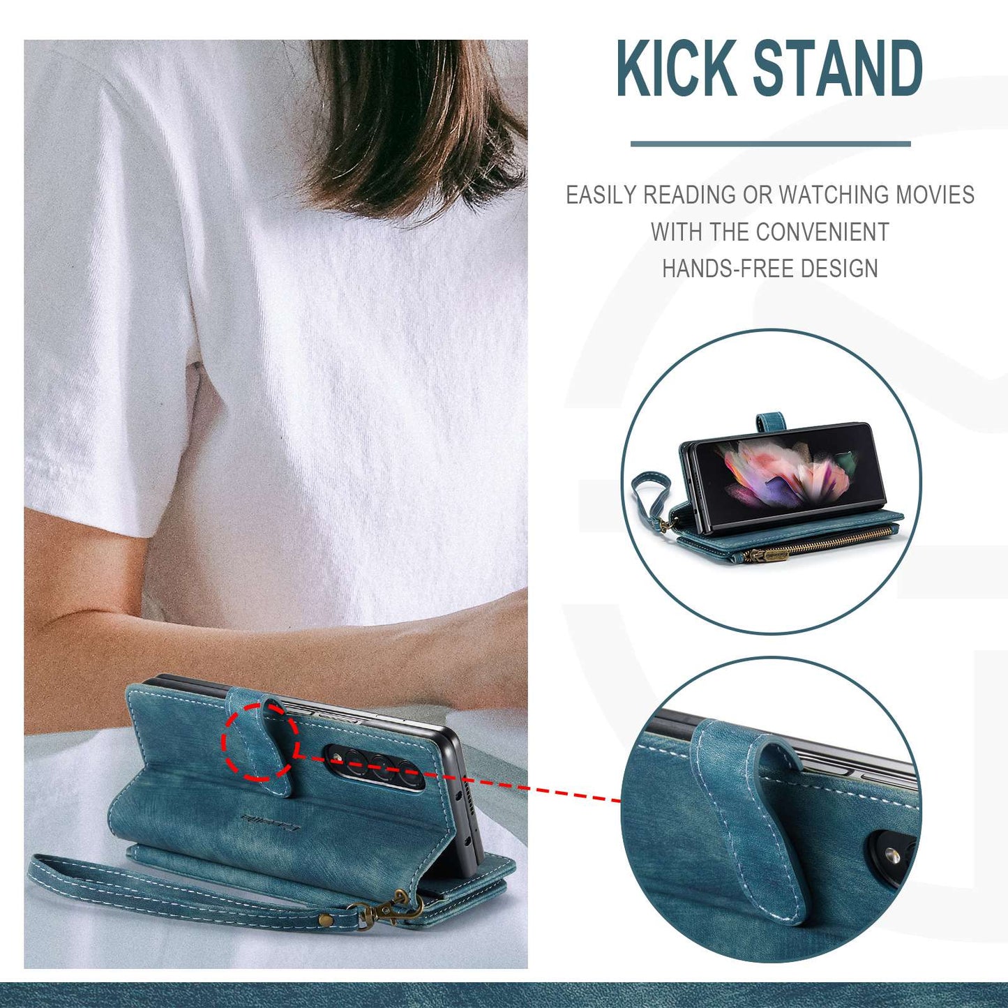 CASEME C30 Series for Samsung Galaxy Z Fold3 5G Zipper Pocket Wallet Bump Proof PU Leather Multiple Card Slots Stand Phone Cover