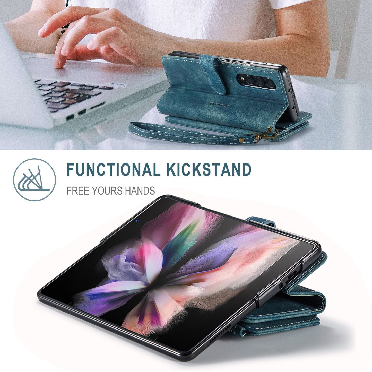CASEME C30 Series for Samsung Galaxy Z Fold3 5G Zipper Pocket Wallet Bump Proof PU Leather Multiple Card Slots Stand Phone Cover
