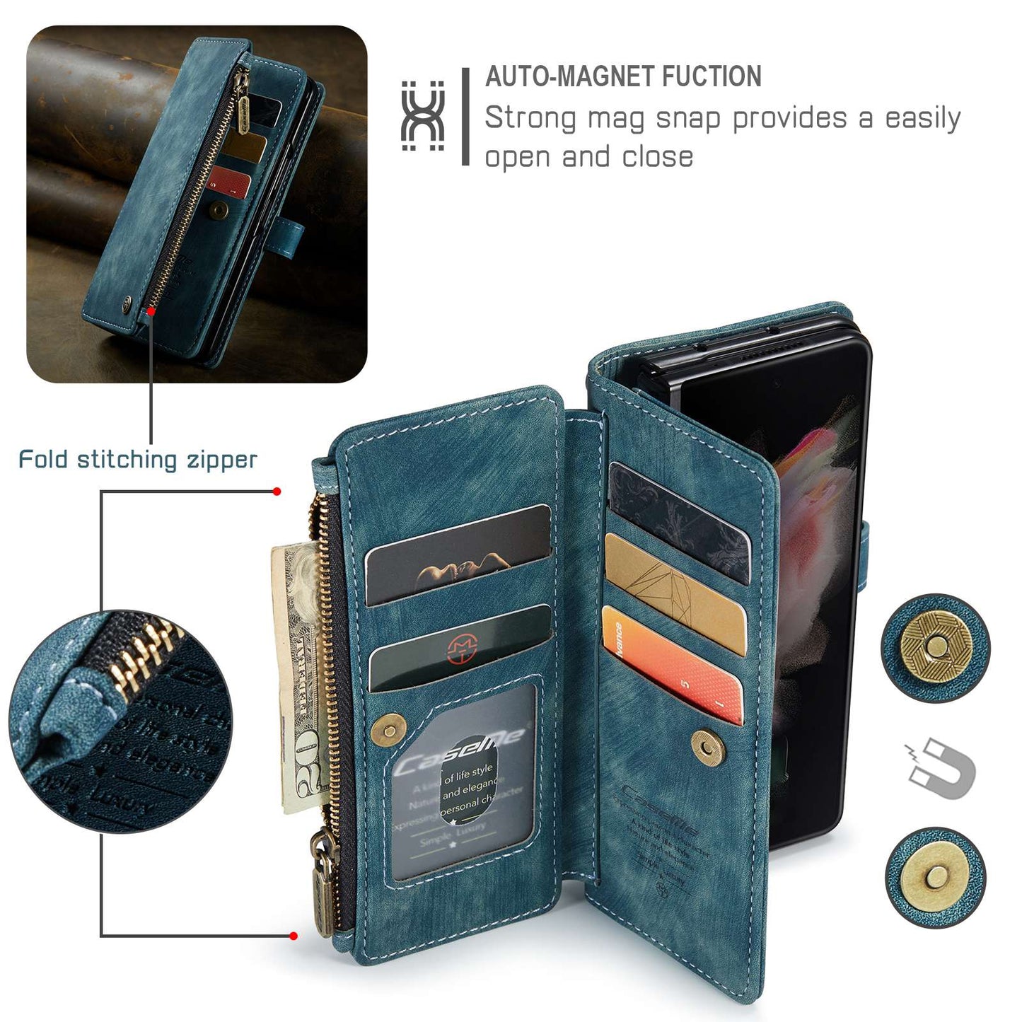 CASEME C30 Series for Samsung Galaxy Z Fold3 5G Zipper Pocket Wallet Bump Proof PU Leather Multiple Card Slots Stand Phone Cover