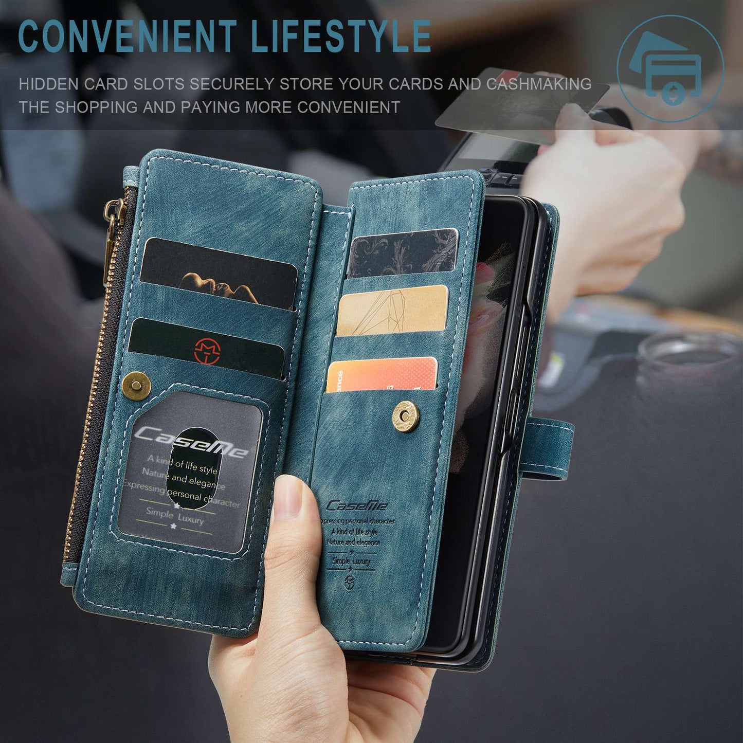 CASEME C30 Series for Samsung Galaxy Z Fold3 5G Zipper Pocket Wallet Bump Proof PU Leather Multiple Card Slots Stand Phone Cover