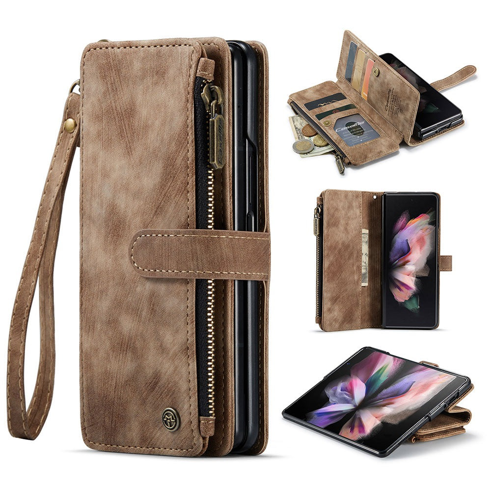 CASEME C30 Series for Samsung Galaxy Z Fold3 5G Zipper Pocket Wallet Bump Proof PU Leather Multiple Card Slots Stand Phone Cover