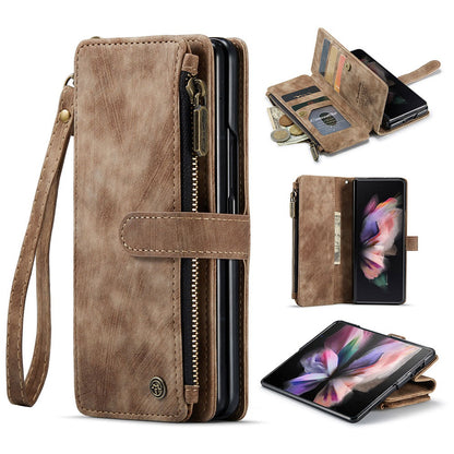 CASEME C30 Series for Samsung Galaxy Z Fold3 5G Zipper Pocket Wallet Bump Proof PU Leather Multiple Card Slots Stand Phone Cover