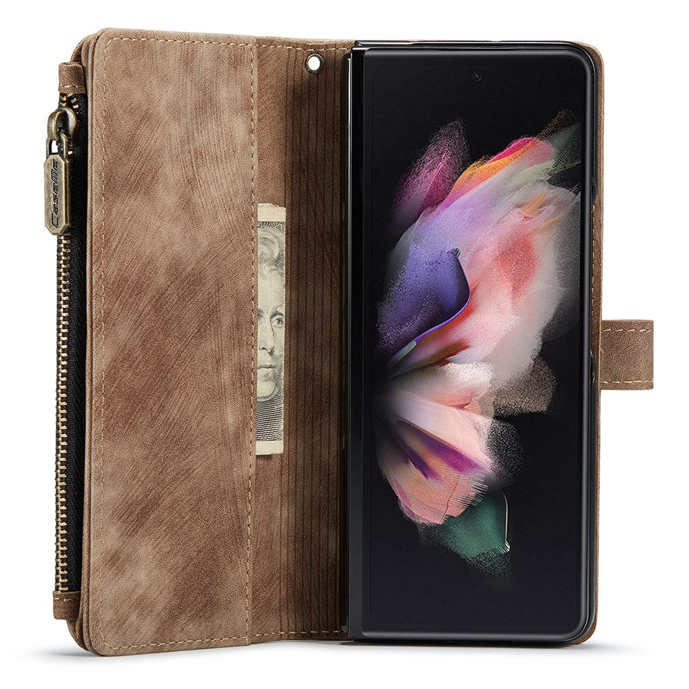 CASEME C30 Series for Samsung Galaxy Z Fold3 5G Zipper Pocket Wallet Bump Proof PU Leather Multiple Card Slots Stand Phone Cover