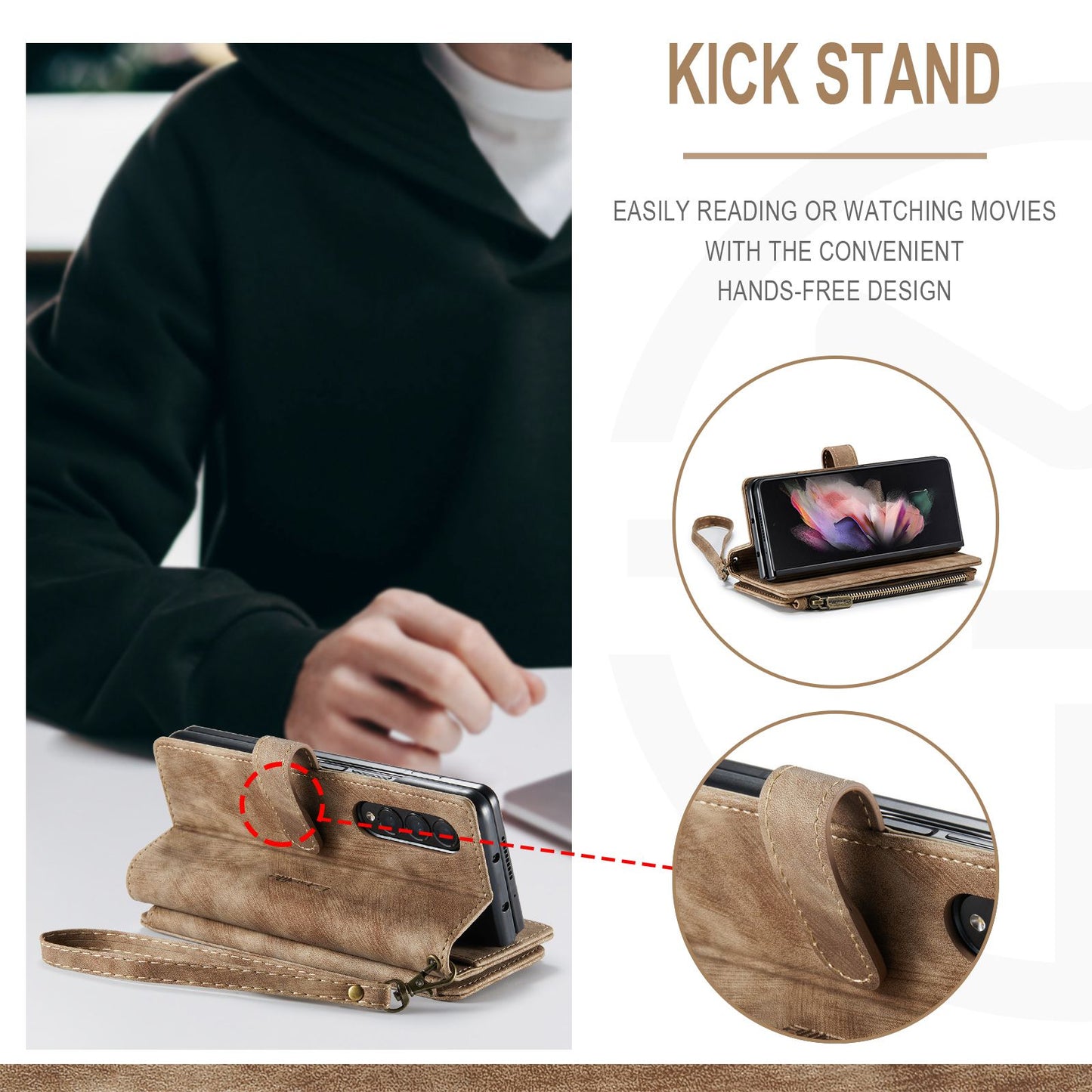 CASEME C30 Series for Samsung Galaxy Z Fold3 5G Zipper Pocket Wallet Bump Proof PU Leather Multiple Card Slots Stand Phone Cover