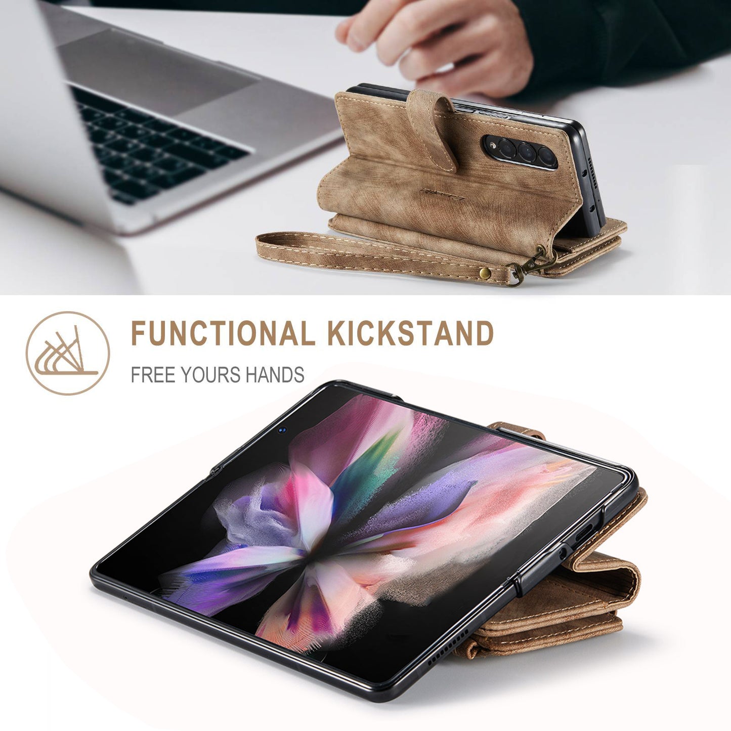 CASEME C30 Series for Samsung Galaxy Z Fold3 5G Zipper Pocket Wallet Bump Proof PU Leather Multiple Card Slots Stand Phone Cover