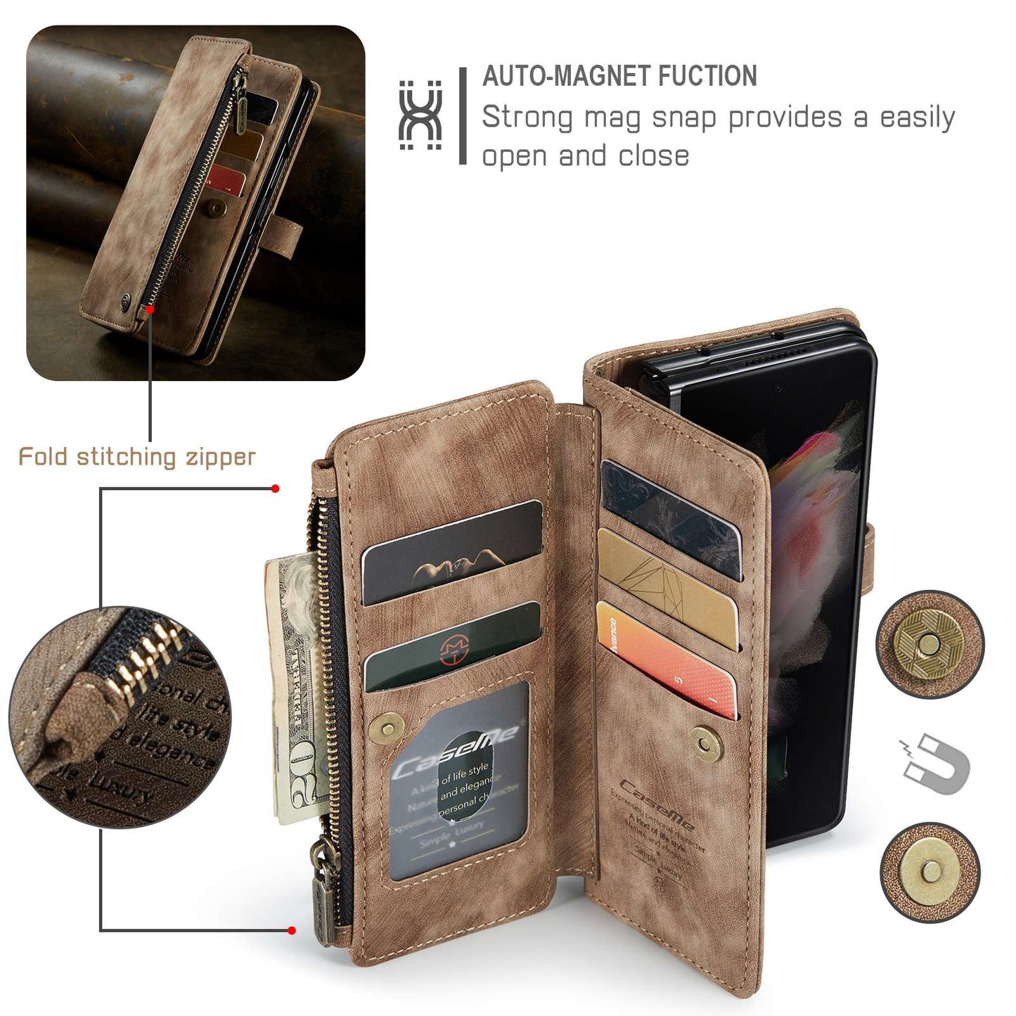 CASEME C30 Series for Samsung Galaxy Z Fold3 5G Zipper Pocket Wallet Bump Proof PU Leather Multiple Card Slots Stand Phone Cover
