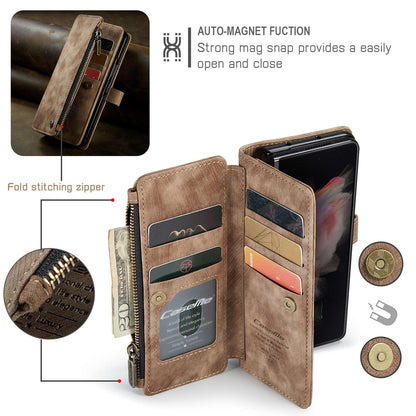 CASEME C30 Series for Samsung Galaxy Z Fold3 5G Zipper Pocket Wallet Bump Proof PU Leather Multiple Card Slots Stand Phone Cover