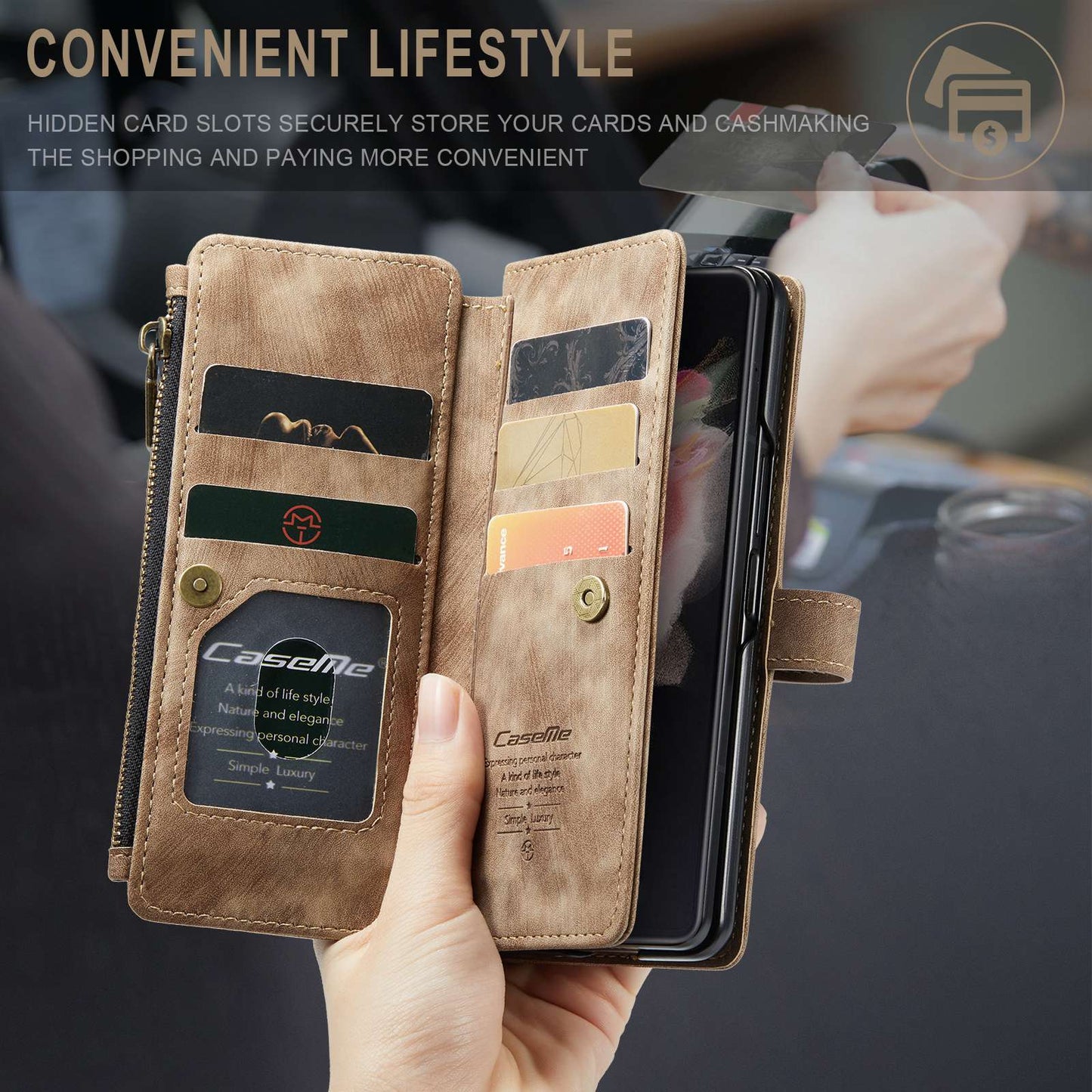 CASEME C30 Series for Samsung Galaxy Z Fold3 5G Zipper Pocket Wallet Bump Proof PU Leather Multiple Card Slots Stand Phone Cover