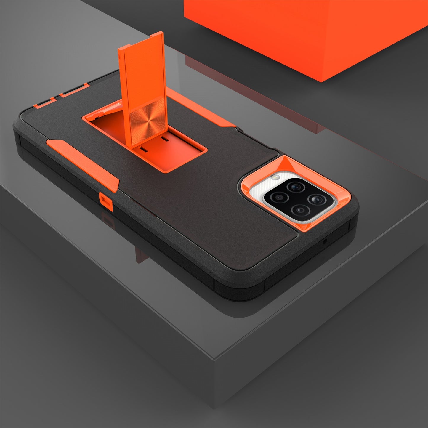 For Samsung Galaxy A12 Hard PC + Soft TPU Hybrid Cover Kickstand Phone Case with Car Mount Metal Sheet