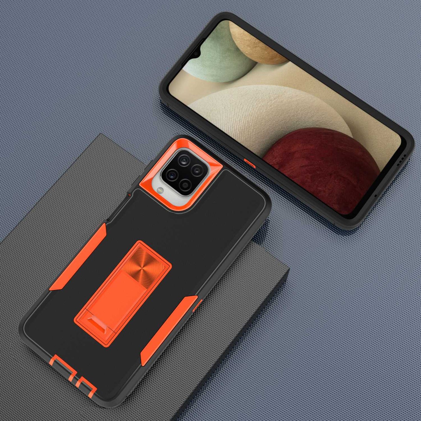 For Samsung Galaxy A12 Hard PC + Soft TPU Hybrid Cover Kickstand Phone Case with Car Mount Metal Sheet