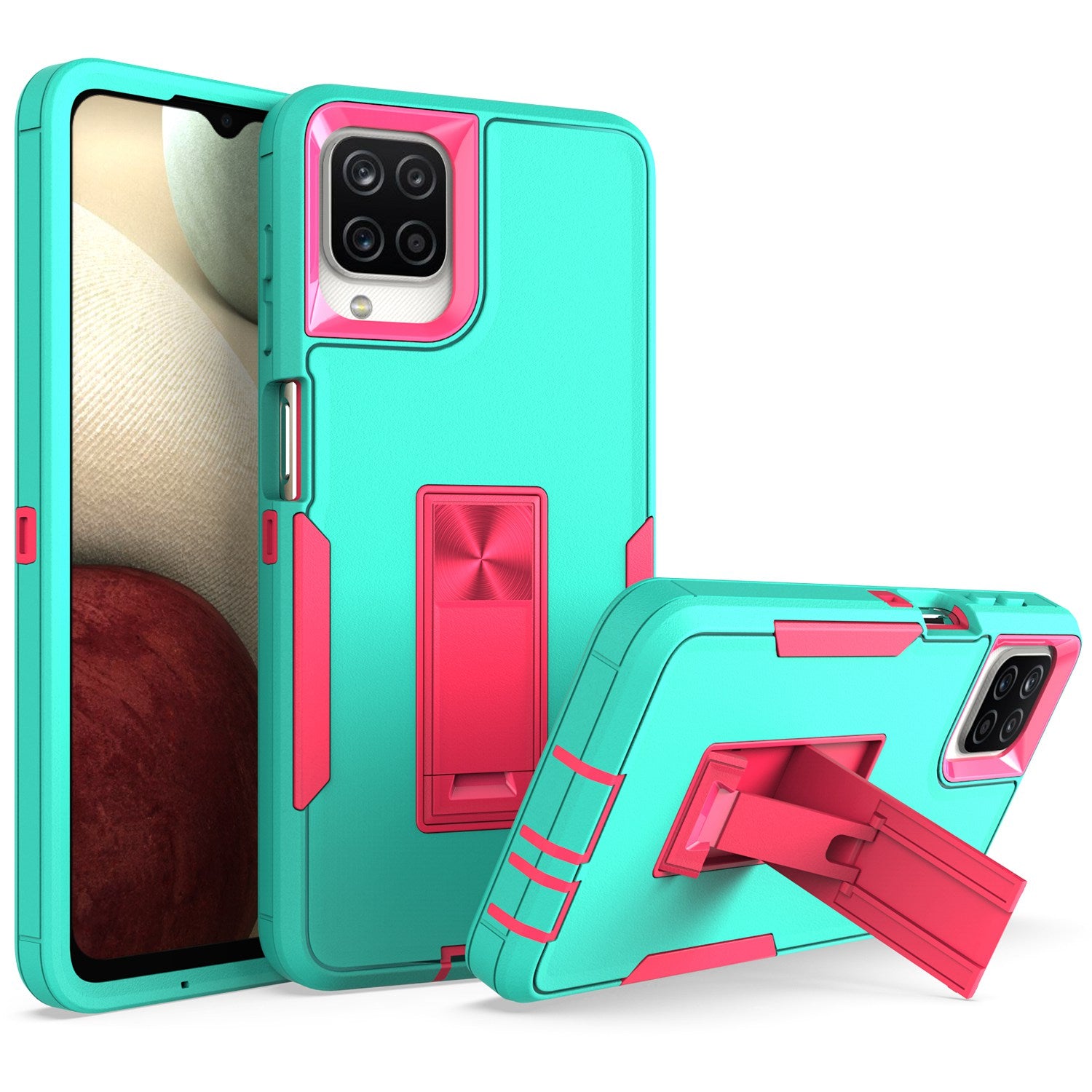 For Samsung Galaxy A12 Hard PC + Soft TPU Hybrid Cover Kickstand Phone Case with Car Mount Metal Sheet