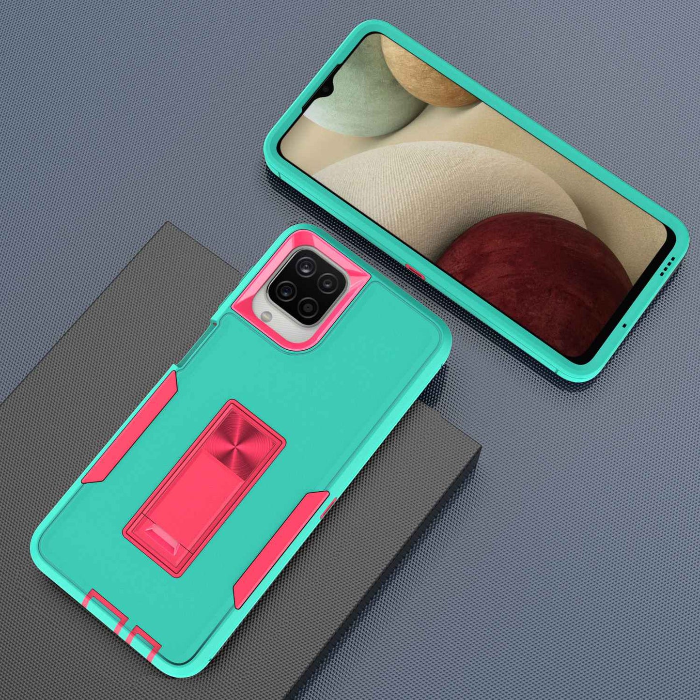 For Samsung Galaxy A12 Hard PC + Soft TPU Hybrid Cover Kickstand Phone Case with Car Mount Metal Sheet