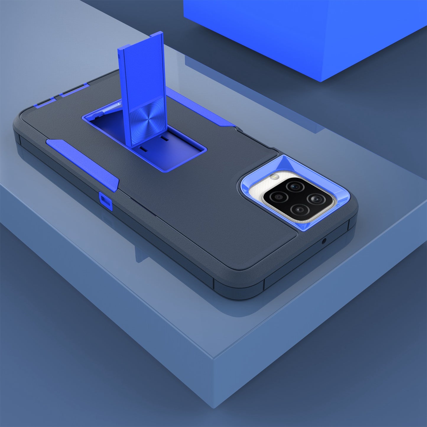 For Samsung Galaxy A12 Hard PC + Soft TPU Hybrid Cover Kickstand Phone Case with Car Mount Metal Sheet