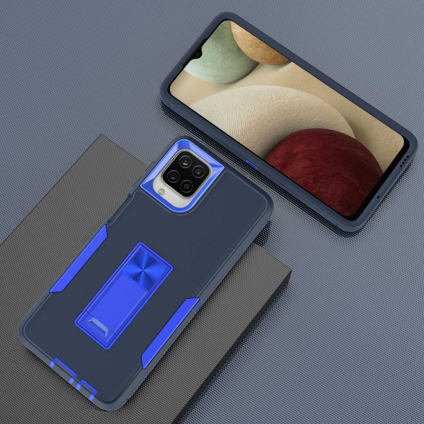 For Samsung Galaxy A12 Hard PC + Soft TPU Hybrid Cover Kickstand Phone Case with Car Mount Metal Sheet