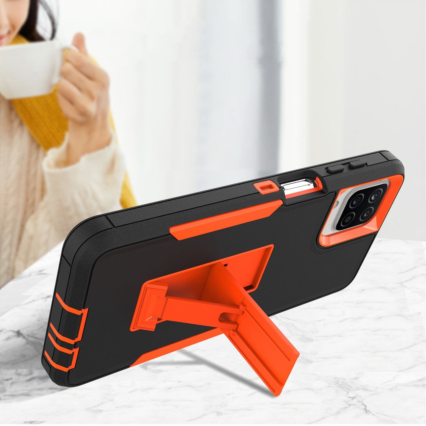 For Samsung Galaxy A12 Hard PC + Soft TPU Hybrid Cover Kickstand Phone Case with Car Mount Metal Sheet