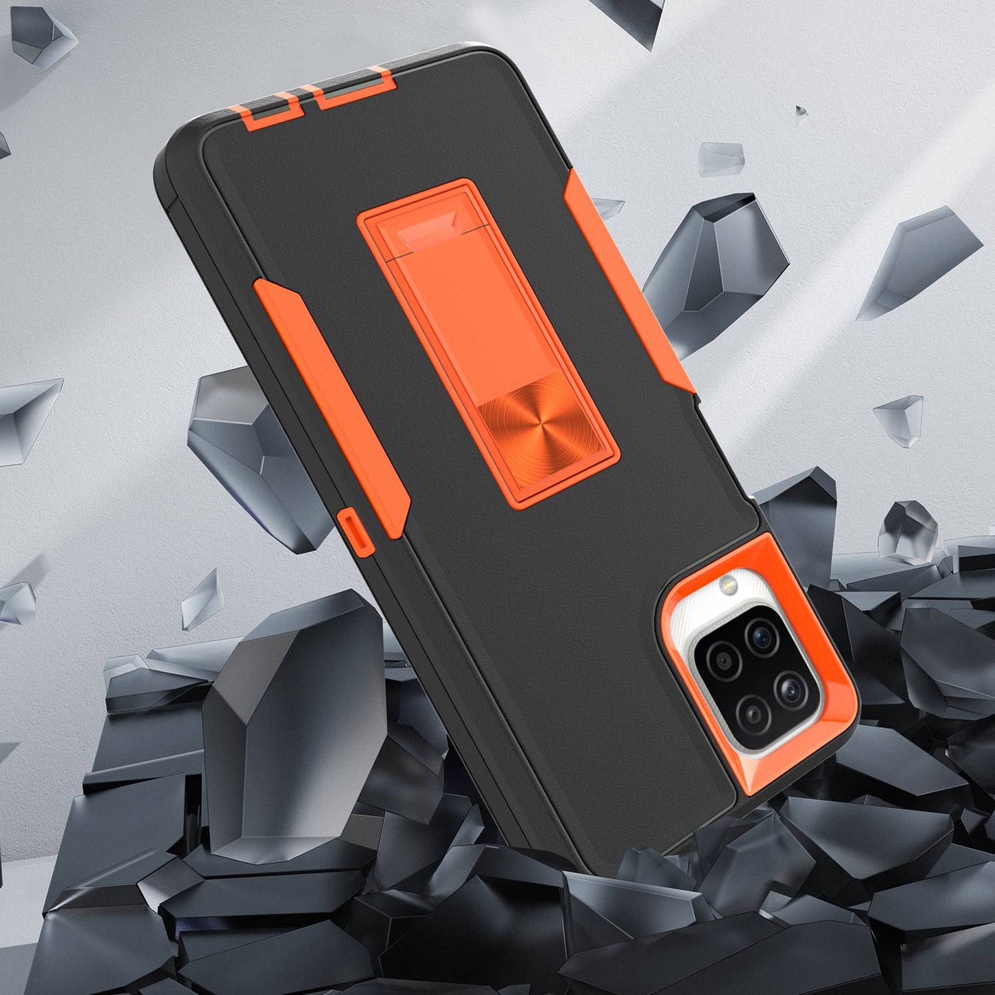 For Samsung Galaxy A12 Hard PC + Soft TPU Hybrid Cover Kickstand Phone Case with Car Mount Metal Sheet