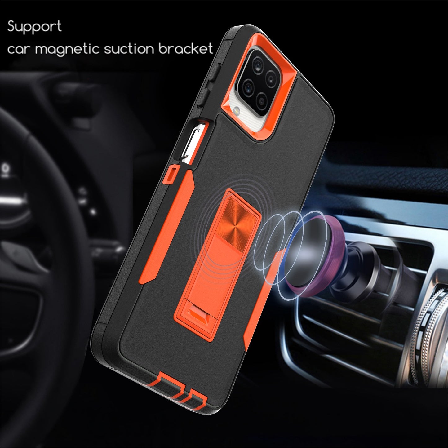For Samsung Galaxy A12 Hard PC + Soft TPU Hybrid Cover Kickstand Phone Case with Car Mount Metal Sheet