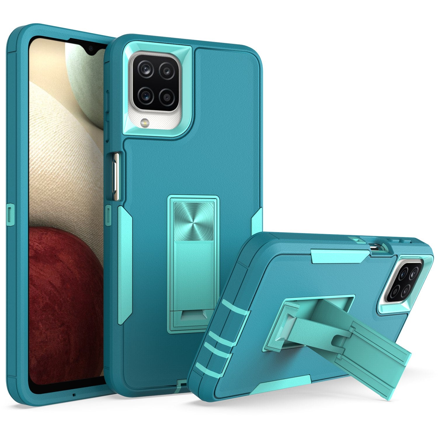 For Samsung Galaxy A12 Hard PC + Soft TPU Hybrid Cover Kickstand Phone Case with Car Mount Metal Sheet